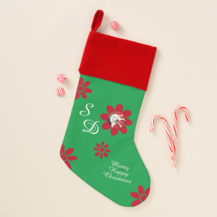 Merry Happy Christmas Cute Dog Red Flowers Green Stocking
