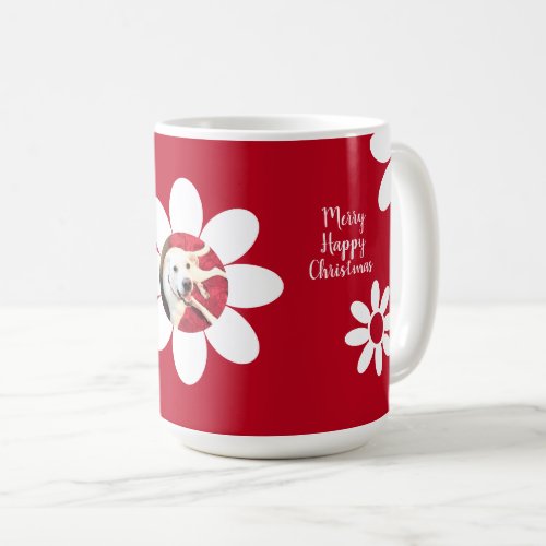 Merry Happy Christmas Cute Dog White Flowers Red Coffee Mug