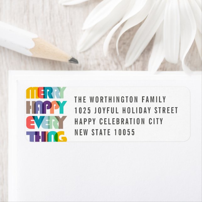 Merry Happy Everything Colorful Typography Holiday Label (Insitu)