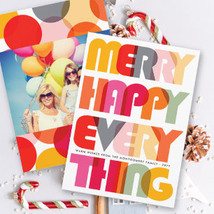 Merry Happy Everything Colorful Typography Photo Holiday Card