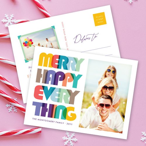 Merry Happy Everything Colorful Typography Photo Holiday Postcard
