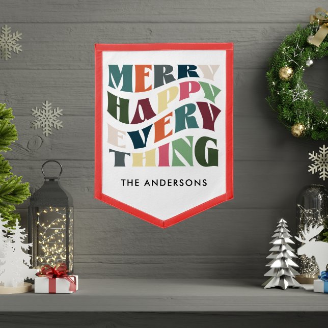 Merry Happy Everything Groovy Retro Holiday Family Pennant (Creator Uploaded)