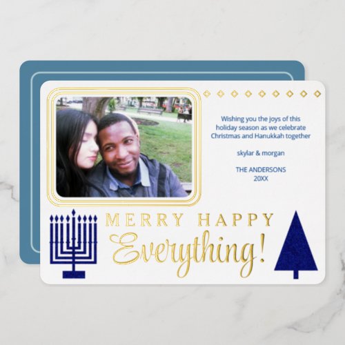 Merry Happy Everything Photo Navy Luxury Gold Foil Holiday Card