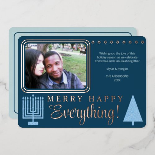 Merry Happy Everything Photo Navy Rose Gold Foil Foil Holiday Card