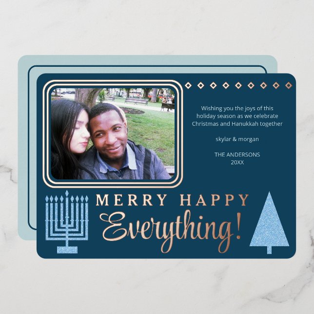 Merry Happy Everything Photo Navy Rose Gold Foil Foil Holiday Card (Front/Back)