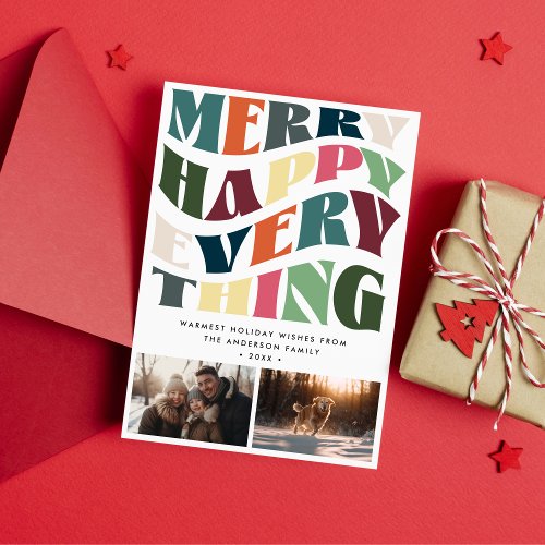 Merry Happy Everything Wave Typography 2 Photos Holiday Card