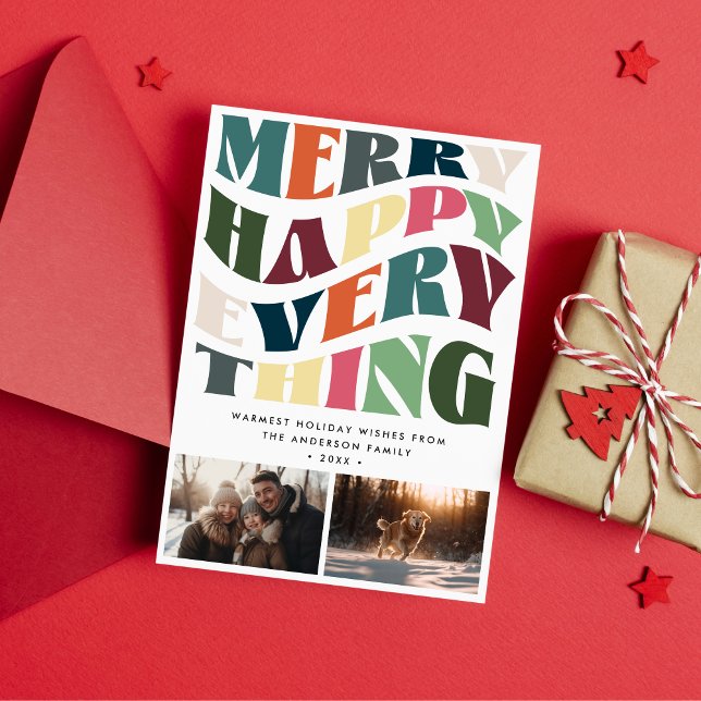 Merry Happy Everything Wave Typography 2 Photos Holiday Card (Creator Uploaded)