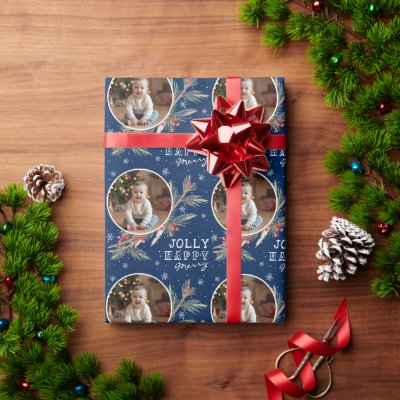 Merry Happy Jolly Custom Photo Holiday Gift  Wrapping Paper