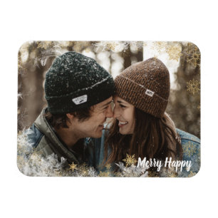 Merry Happy Personalized Photo Snowflake Frame Magnet