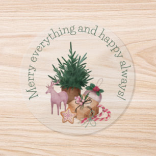 merry & happy retro vintage green pink christmas  classic round sticker