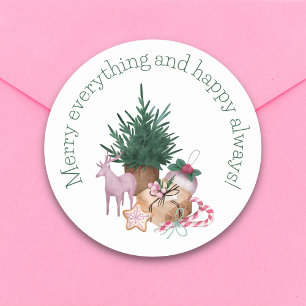 merry & happy retro vintage green pink christmas  classic round sticker