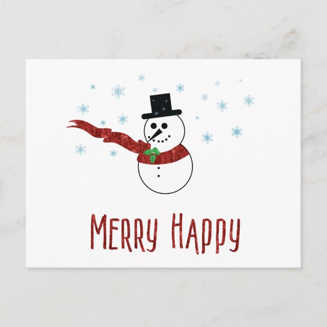 Merry Happy Snowman with Red Scarf Custom Text Holiday Postcard (Front)
