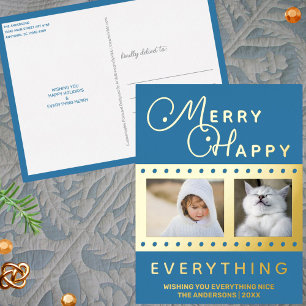 Merry Happy Stylish 2 Photo Word Art Blue Gold Foil Holiday Postcard