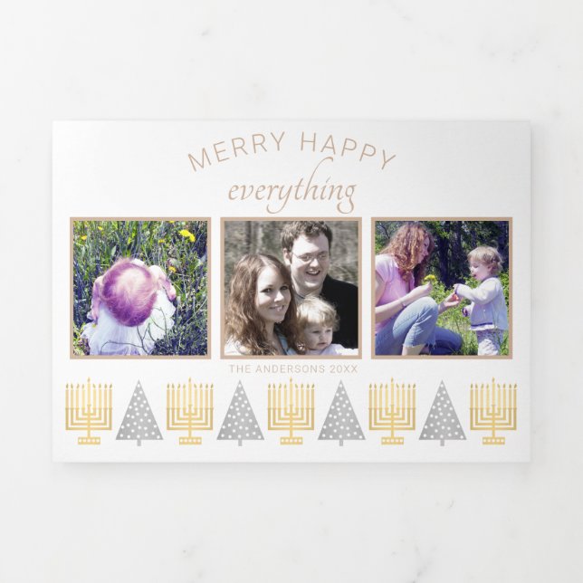 Merry Happy Tan Elegant Interfaith 5 Photo Tri-Fold Holiday Card (Cover)