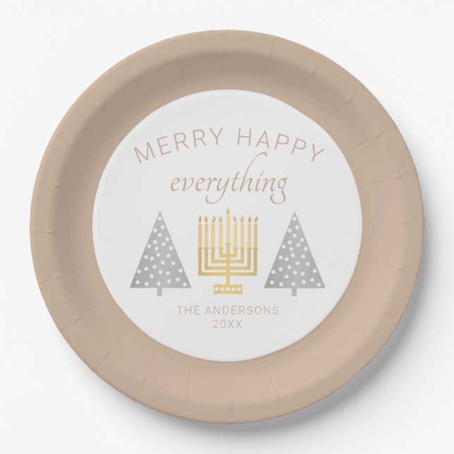 Merry Happy Tan Holiday Interfaith Party Paper Plates (Front)