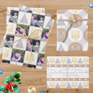Merry Happy Tan Holiday Photo Cute Monogram Wrapping Paper Sheets