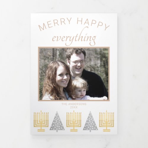 Merry Happy Tan Interfaith Elegant 3 Photo Tri_Fold Holiday Card