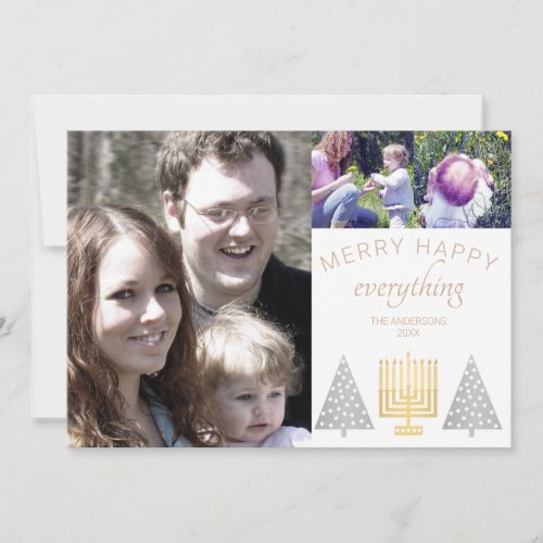 Merry Happy Tan Modern 3 Photo Collage Holiday Card