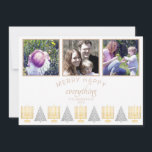 Merry Happy Tan Simple 3 Photo Collage Holiday Card<br><div class="desc">Personalize these 3 photo collage holiday cards in a simple tan and white Merry Happy Everything interfaith design. A modern mix of fonts in a neutral tan color adds interest and the row of five gold Menorahs and four silver gray trees with polka dots makes these flat holiday cards a...</div>