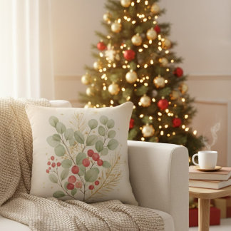 Merry Hearth: Rustic Christmas Botanical Watercolo Throw Pillow