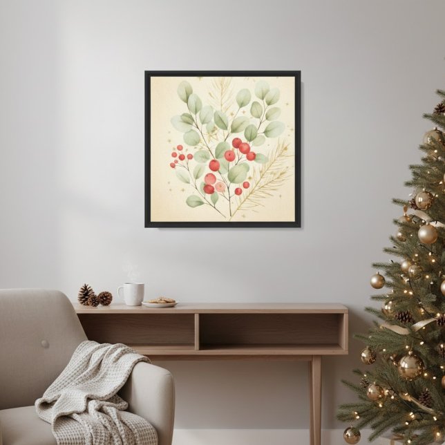 Merry Hearth: Rustic Winter Pine & Red Berries Wat Canvas Print (Creator Uploaded)