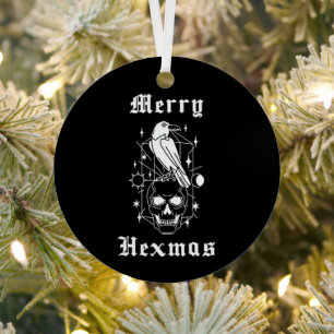 Merry Hexmas Witch Skull Spooky Witchcraft Metal Ornament