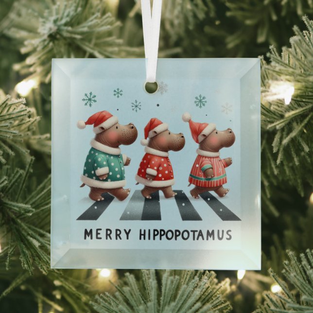 Merry Hippopotamus Glass Ornament (Insitu)