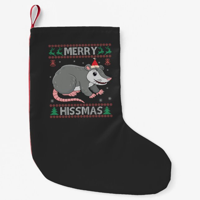 Merry Hissmas Funny Ugly Xmas Sweater Opossum Gift Small Christmas Stocking (Front)