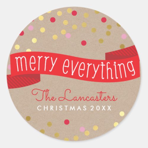 MERRY HOLIDAY BANNER stylish gold confetti kraft Classic Round Sticker