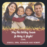 Merry Holiday Christmas Cheer Family Photo Gold Square Sticker<br><div class="desc">Wish all your family and friends a holiday greeting this Christmas, New Years, Hanukah and Kwanzaa Add your favorite photo to create your own customized sticker. Place sticker on gifts, invite envelopes and greeting card envelopes. Monogram with your family name. Design includes gold sparkle overlay to highlight your own photo....</div>