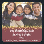 Merry Holiday Christmas Cheer Family Photo Gold Square Sticker<br><div class="desc">Wish all your family and friends a holiday greeting this Christmas, New Years, Hanukah and Kwanzaa Add your favorite photo to create your own customized sticker. Place sticker on gifts, invite envelopes and greeting card envelopes. Monogram with your family name. Design includes gold sparkle overlay to highlight your own photo....</div>