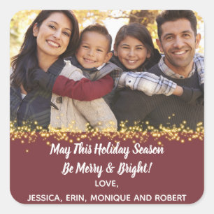 Merry Holiday Christmas Cheer Family Photo Gold Square Sticker