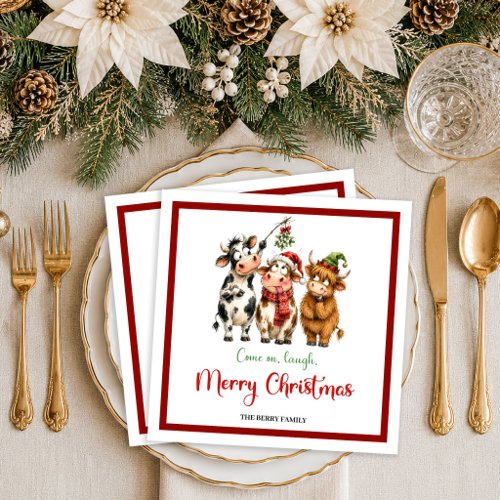 Merry Holiday funny cow cartoon playful red green Paper Dinner Napkins