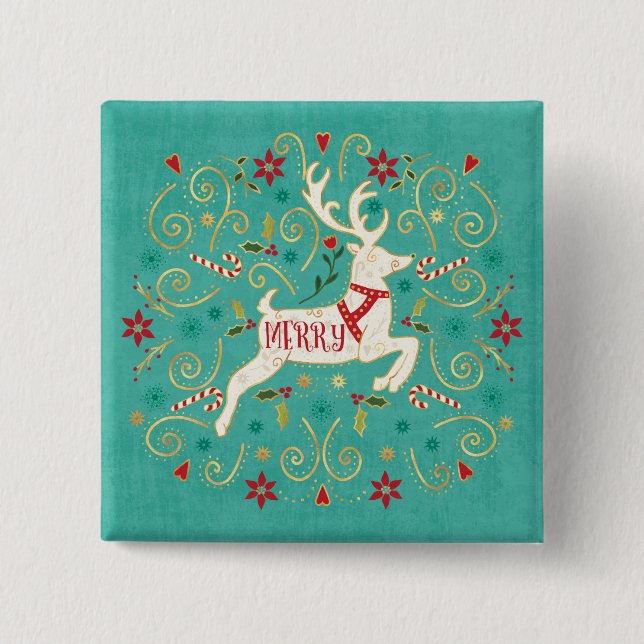 Merry Holiday Teal Reindeer Button (Front)