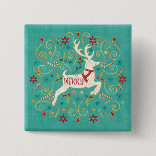 Merry Holiday Teal Reindeer Button