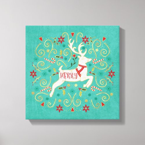 Merry Holiday Teal Reindeer Canvas Print