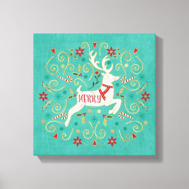 Merry Holiday Teal Reindeer Canvas Print (Front)
