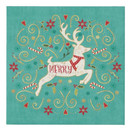 Merry Holiday Teal Reindeer Faux Canvas Print