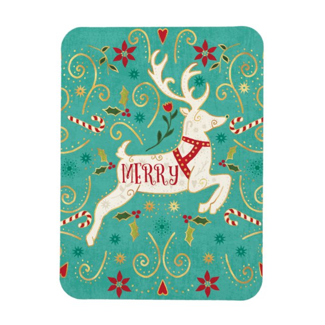 Merry Holiday Teal Reindeer Magnet (Vertical)