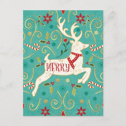 Merry Holiday Teal Reindeer Postcard