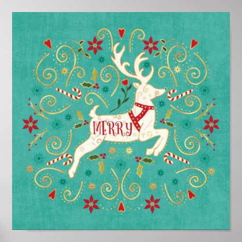 Merry Holiday Teal Reindeer Poster