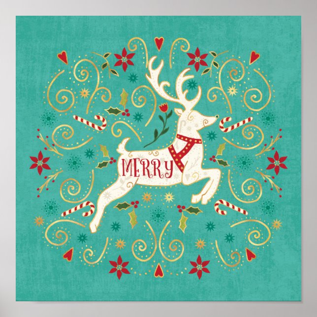 Merry Holiday Teal Reindeer Poster (Front)