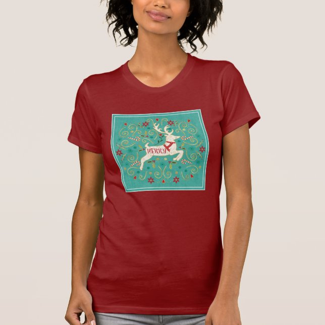 Merry Holiday Teal Reindeer T-Shirt (Front)