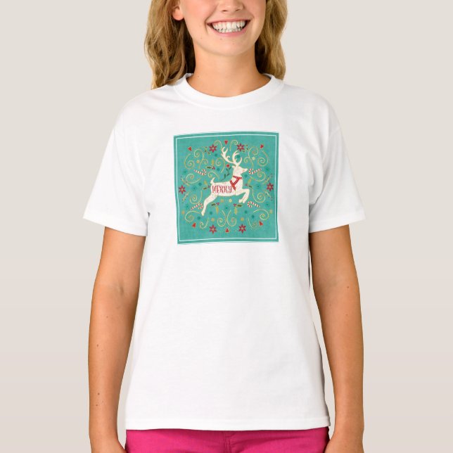 Merry Holiday Teal Reindeer T-Shirt (Front)
