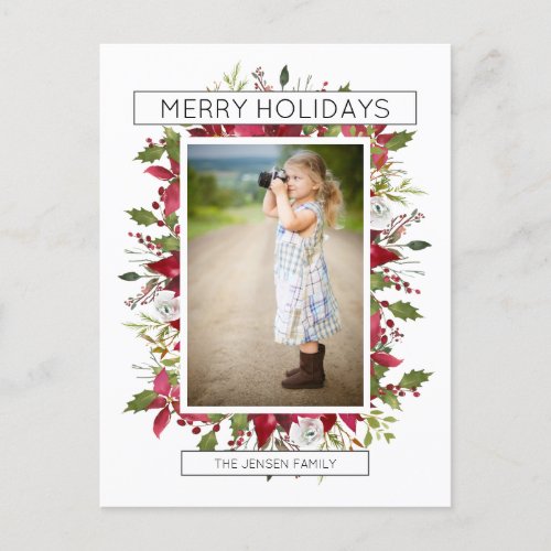 Merry Holidays Red Green Floral Christmas Photo Holiday Postcard