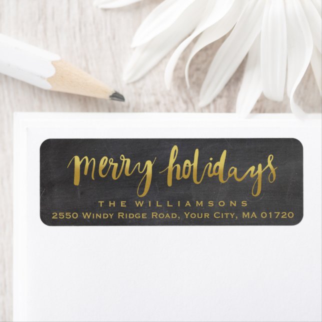 Merry Holidays Trendy Gold Script Chalkboard Label (Insitu)
