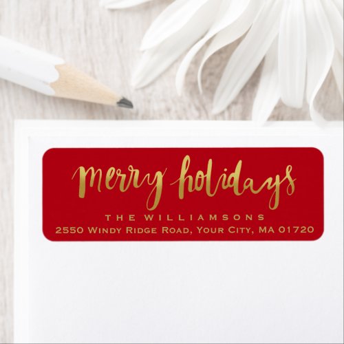 Merry Holidays Trendy Gold Script Custom Red Label