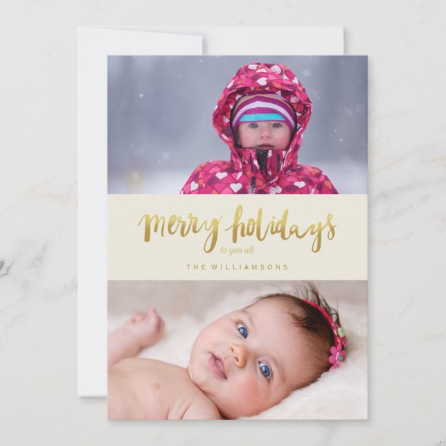 Merry Holidays Two Photos | Hand-lettered Gold Holiday Card (Front)