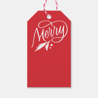 Merry holly evergreen bright red gift tag