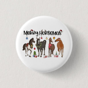 Merry Horsemas Horse Flower Christmas Equine Button